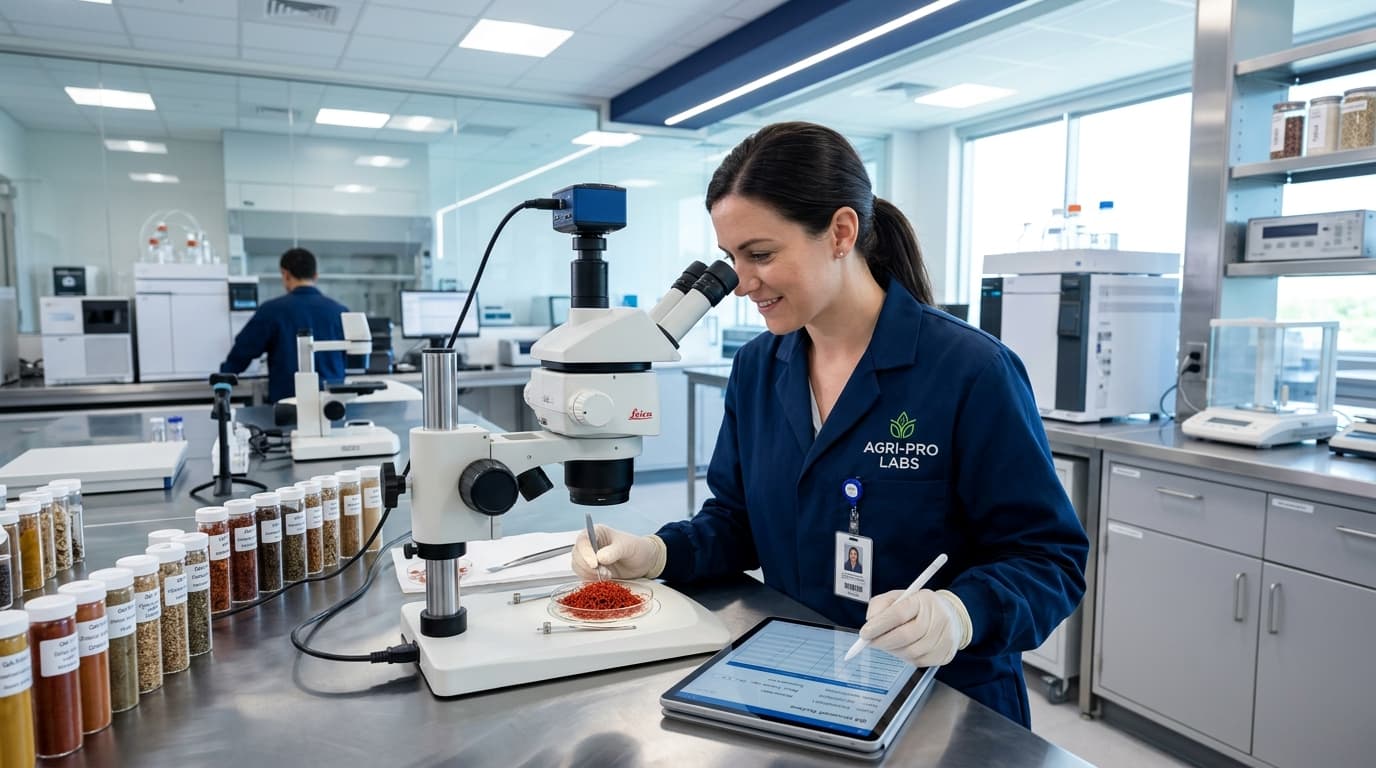 Quality assurance professional at a microscope in a clean, modern lab